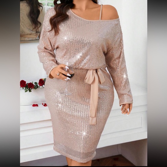 Luxe plus size asymmetrical neck party sequins dress - Picture 5 of 5